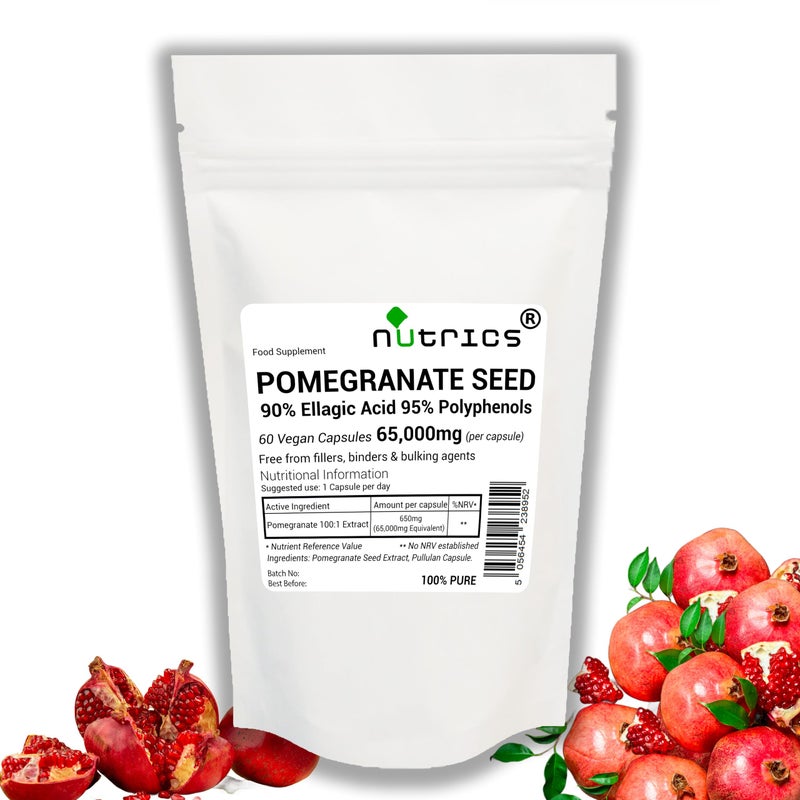 NutricsÂ® 65,000mg (per Capsule) Pomegranate Seed Extract 30 V Capsules - 90% Ellagic Acid 95% Polyphenols standardised No fillers Binders or Bulking Agents (30)